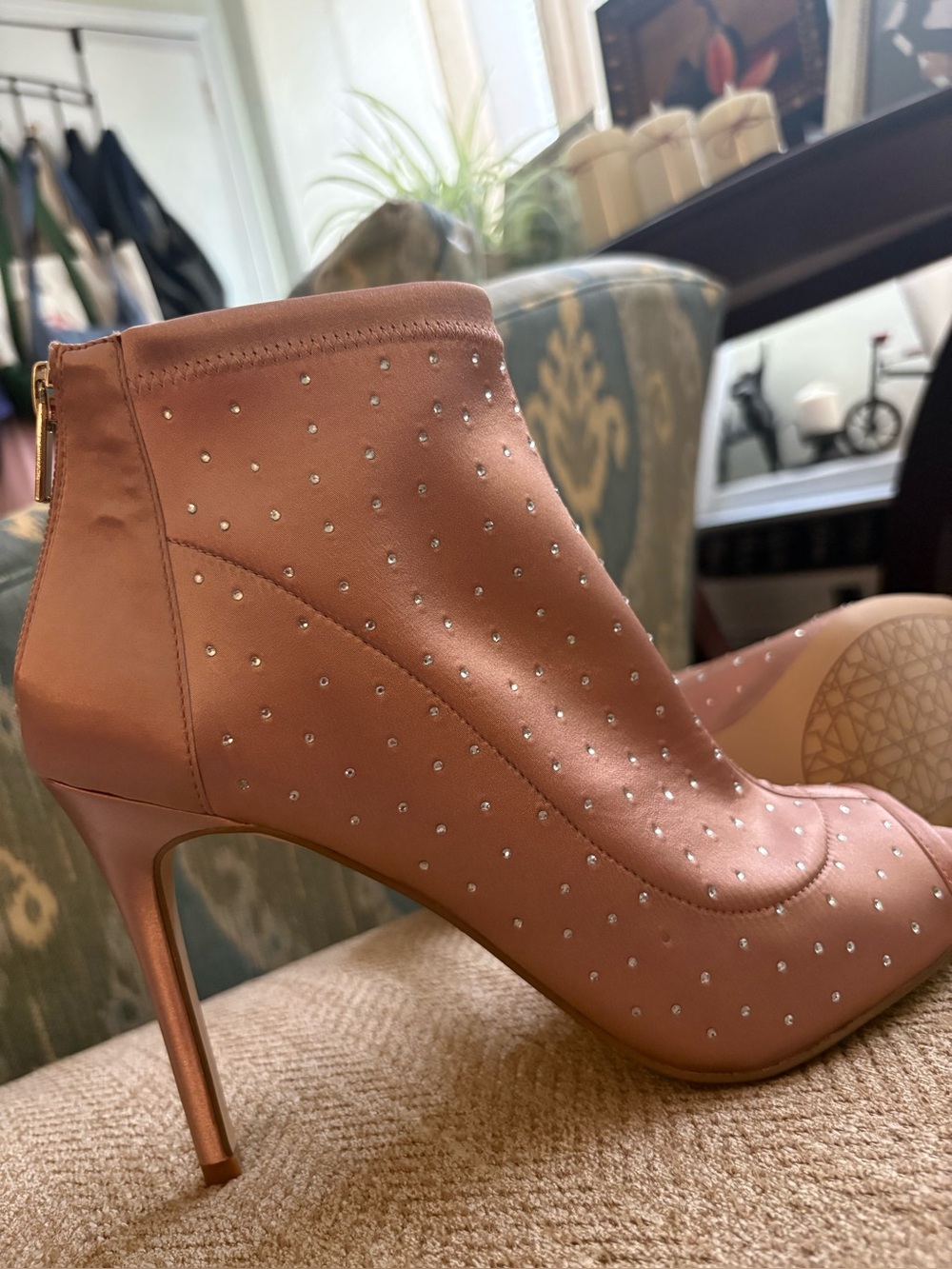 Badgley Mischka Rose Gold Studded Peep-Toe Stiletto Booties